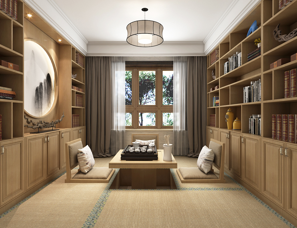新中式家具书房 吊灯 榻榻米  柜子 窗帘3d模型
