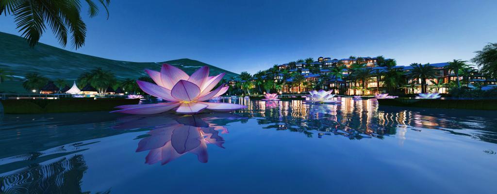 夜景 排屋 别墅 湖景 景观 山 建筑 荷花 湖3d模型