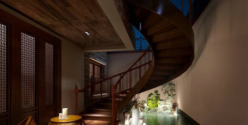 传统中式家居玄关 传统中式棕色旋转楼梯 假山山水3d模型