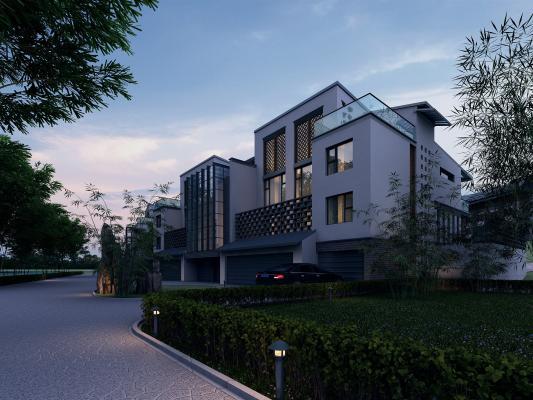 新中式室外新中式建筑小区别墅多层住宅 园林小区 精品楼盘 建筑外观