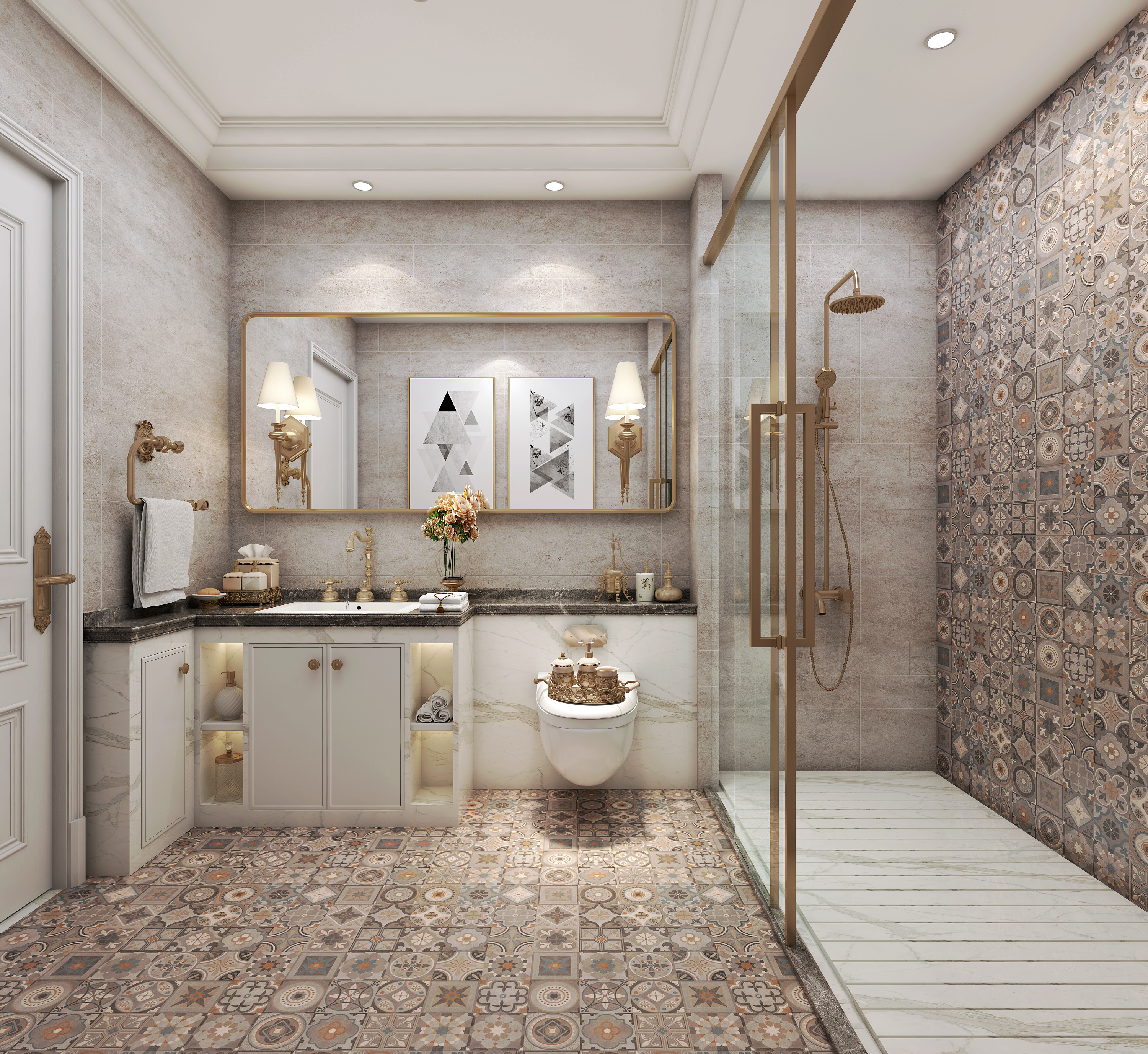 美式卫生间 石材浴室柜 花砖墙地面 洗手台 马桶3d模型