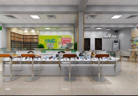 现代手机专卖店 收银台 座椅 货架 物件摆件3d模型