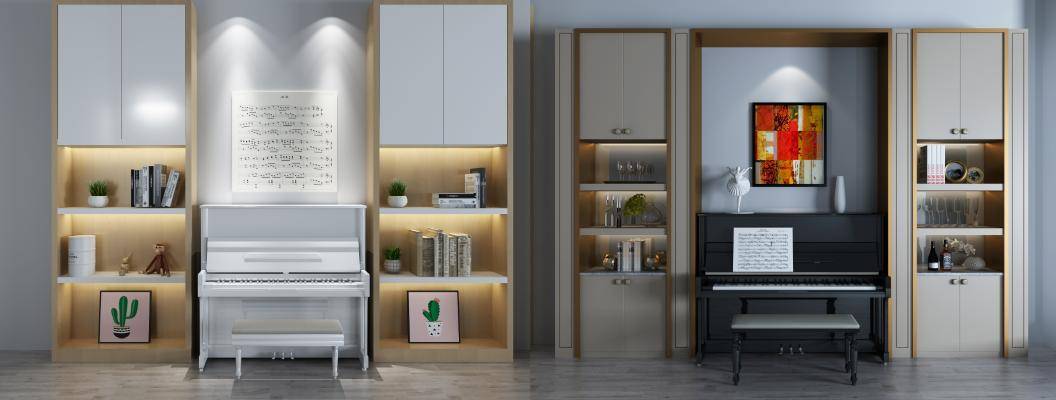 现代北欧风格钢琴书柜组合3d模型