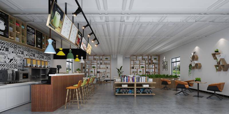 现代北欧 书吧 水吧 休闲椅 管道顶书架3d模型