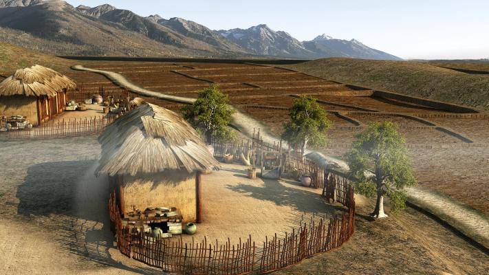 田园茅草屋 农田 古代农村 茅草屋 农具 场景 古建 玉米 竹筒 民宿3d