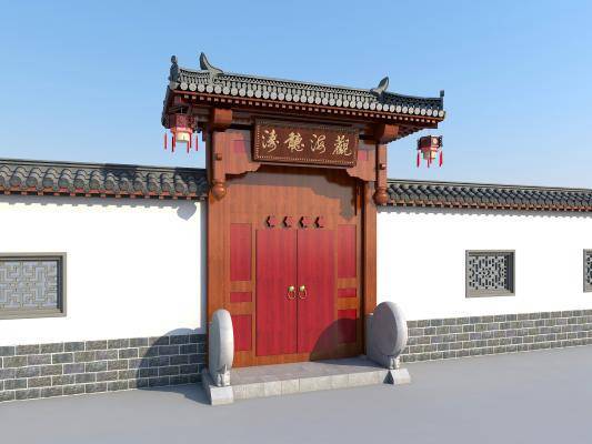 新中式古建入口 古建门头 苏式建筑 古代建筑 入口大门 牌匾 灯笼