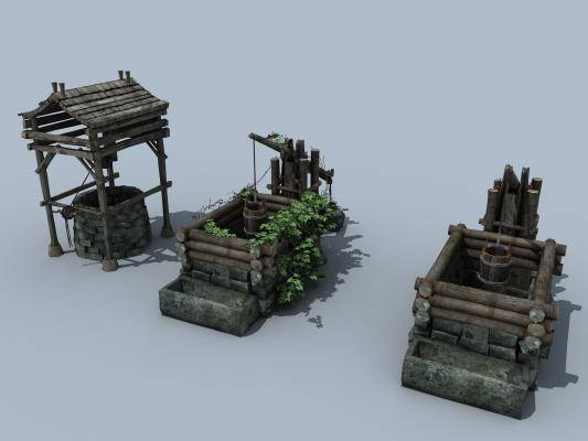 中式古建 农具 古井 井 水井 古建筑场景 古代 古井 老井 木桶绳子3d