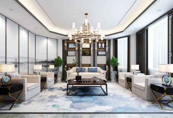 新中式会客厅 新中式客厅 新中式休息室 新中式书柜 吊灯 沙发茶几3d