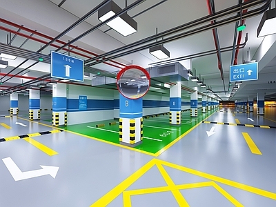 现代地下停车场 车库 指示牌 吊灯3d模型