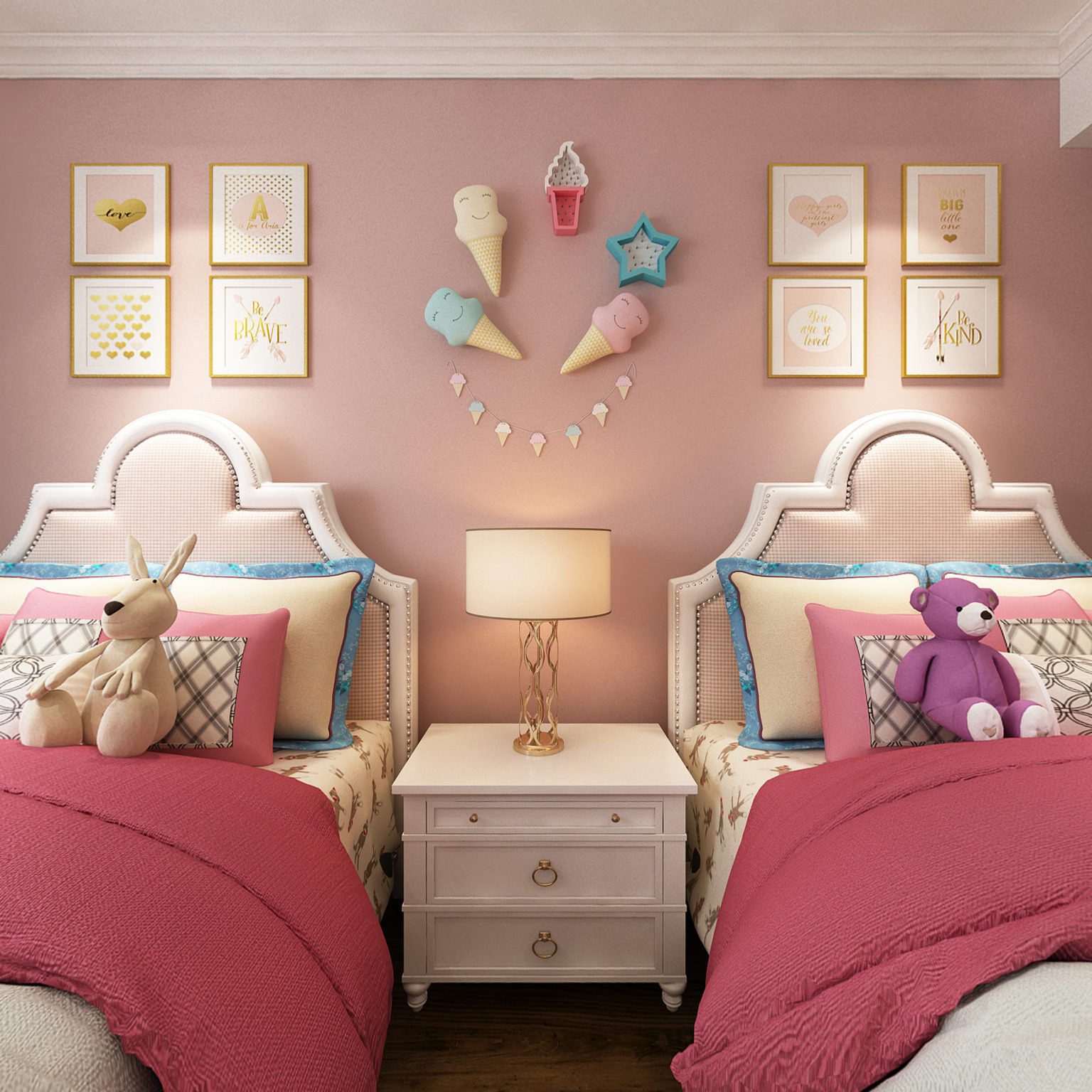 全景粉色卡通女儿房儿童房3d模型