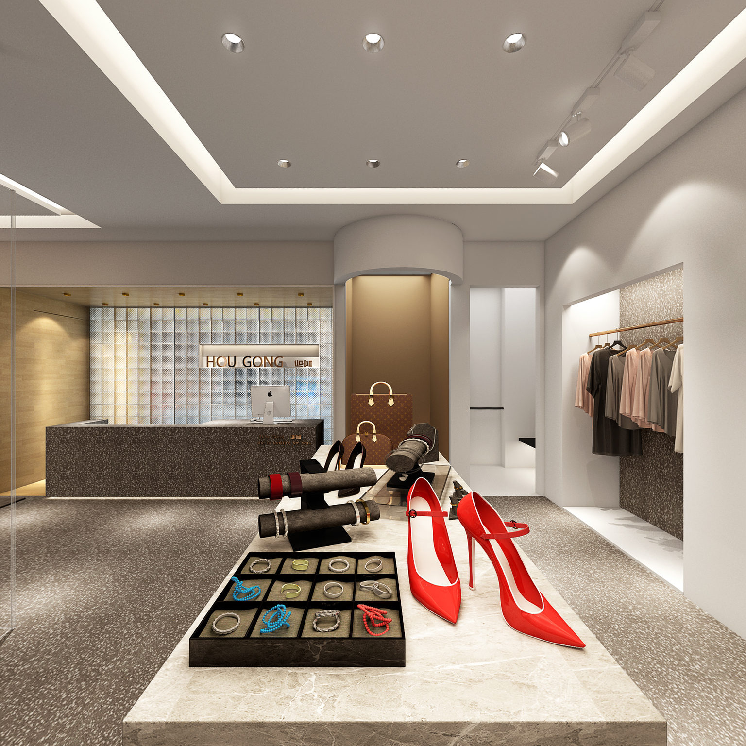 全景现代服装店 衣架 换鞋凳 沙发组合 鞋子 衣服 衣服模特3d模型