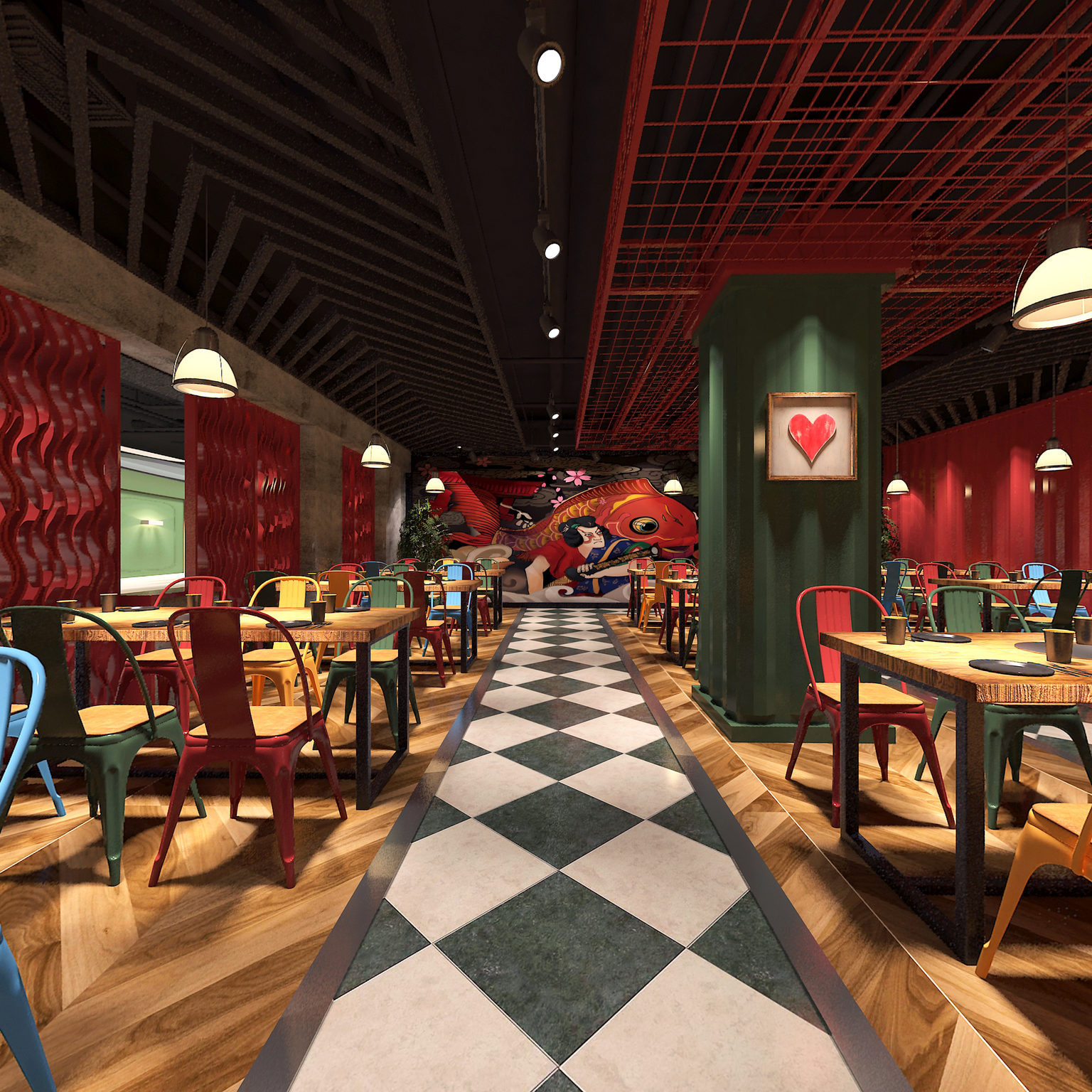 全景工业风主题餐厅 餐饮店 桌椅组合 吊灯 烤鱼餐厅3d模型