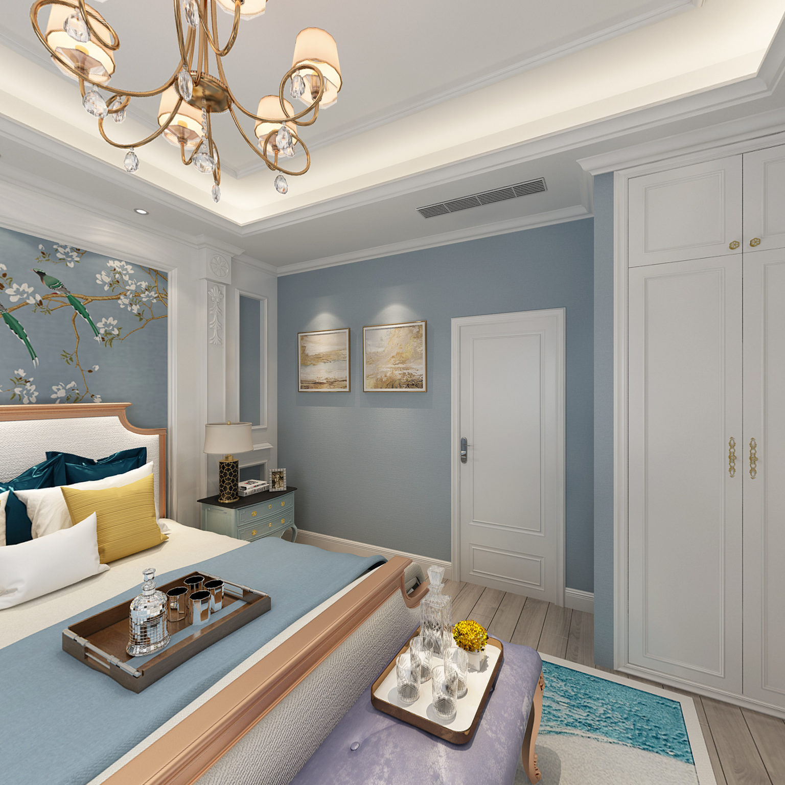 全景简欧卧室 背景墙造型 书桌 窗帘 床 门 挂画3d模型