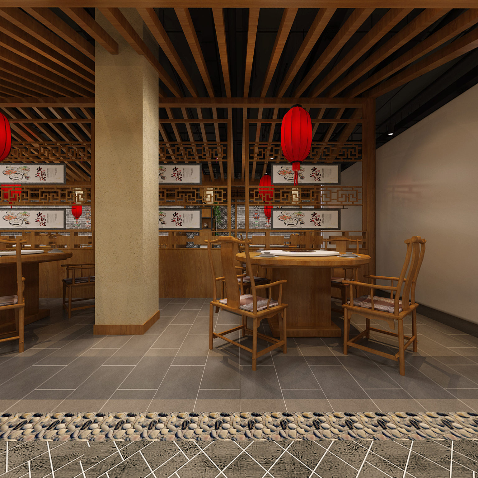 全景中式火锅店 餐桌椅 雕花门 吊灯 冰柜