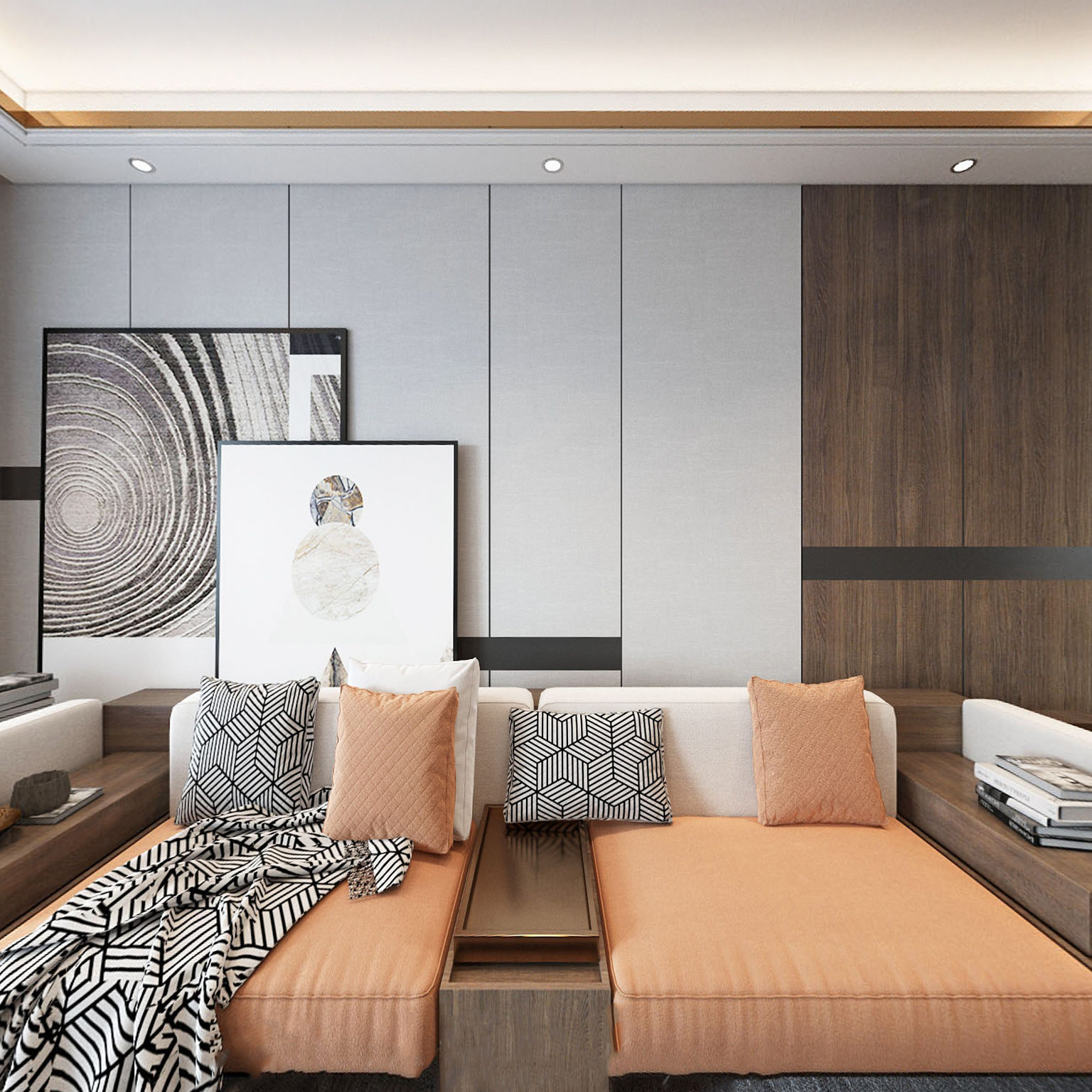 全景新中式客餐厅 客厅 组合沙发 屏风  餐桌 酒柜 挂画3d模型