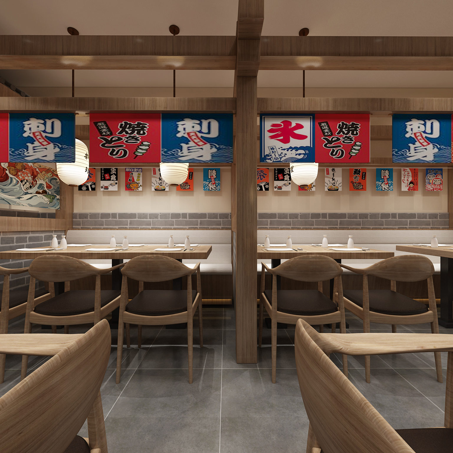 全景日式料理寿司店 樱花 伞 餐桌椅组合 灯笼 吊旗3d模型