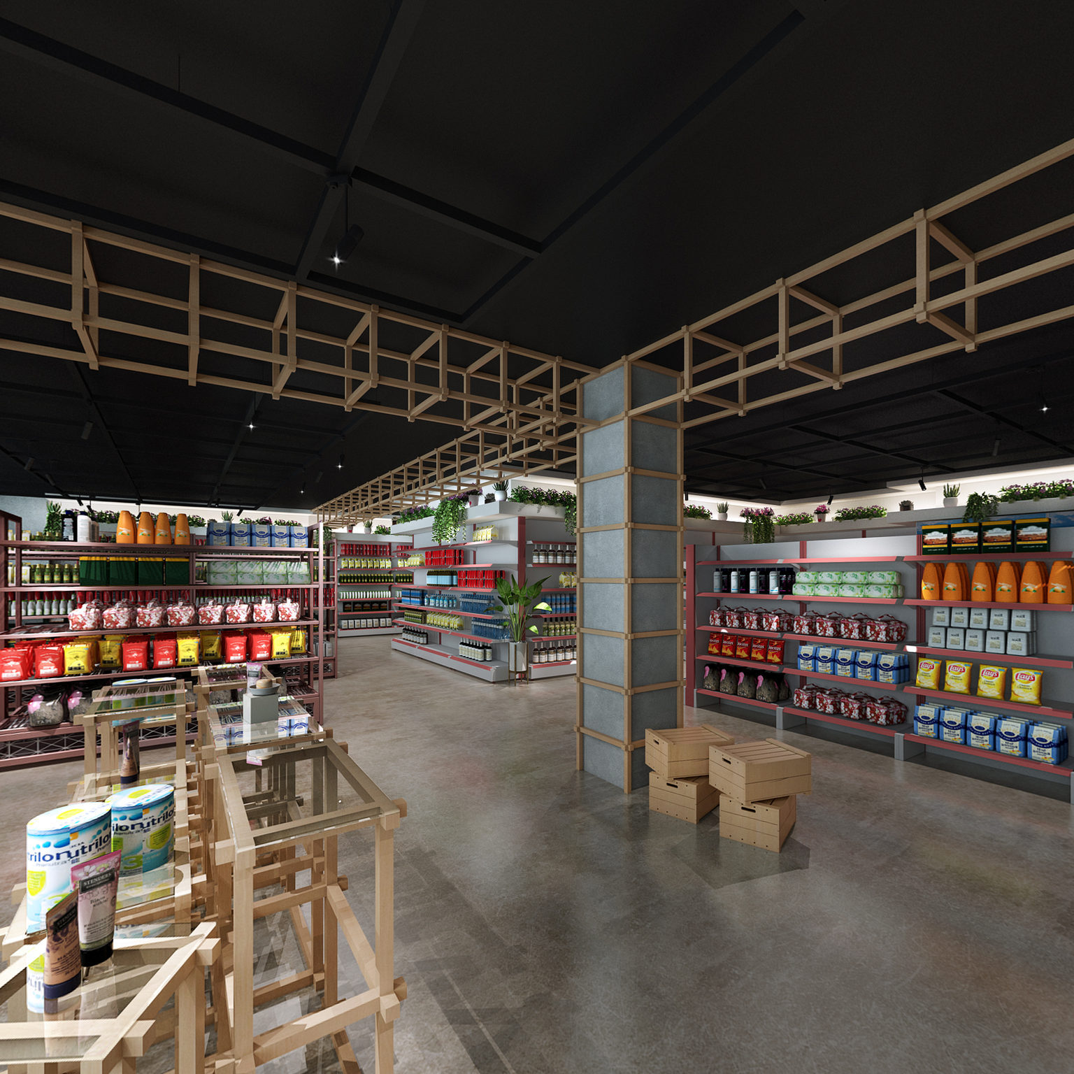 全景现代中式超市 生鲜 蔬菜 水果 货架 货柜3d模型