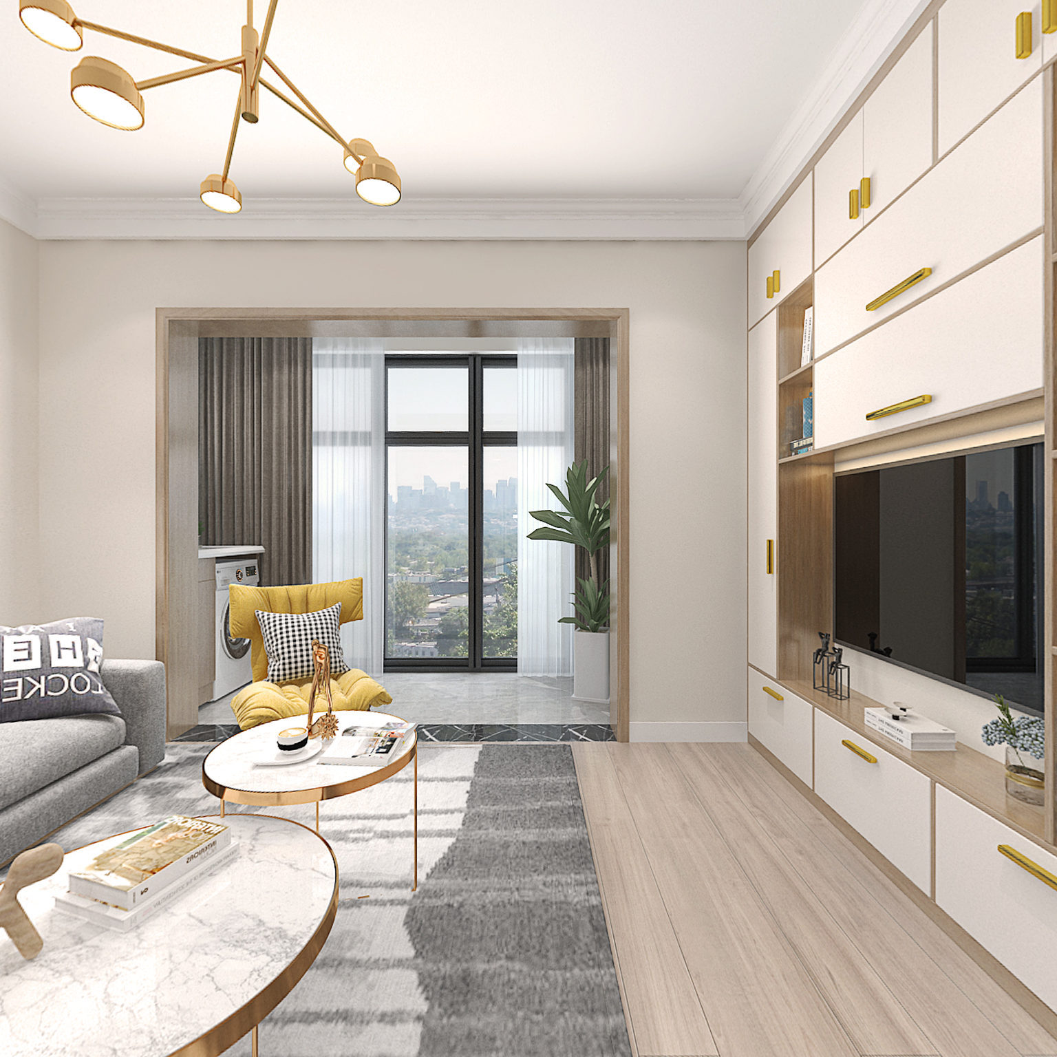 全景现代简约客餐厅全景 电视墙组合柜 卡座 沙发 玻璃隔断墙3d模型