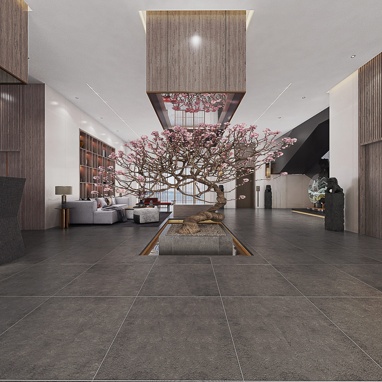 全景新中式接待大厅 前台 水景 卡座 绿植墙 桃树 狮子 装饰品3d模型