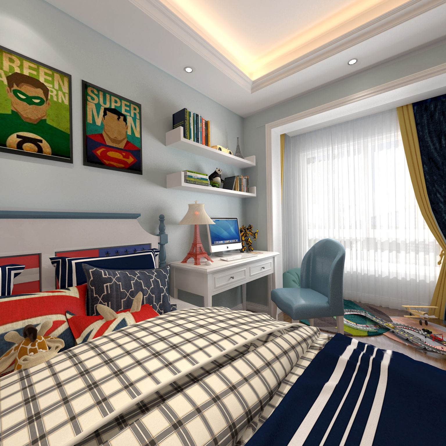 全景美式风格卧室 儿童房 男孩房 玩具 装饰3d模型