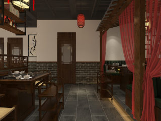 中式火锅店 卡座 吊灯 装饰架 屋檐【ID:469136928】