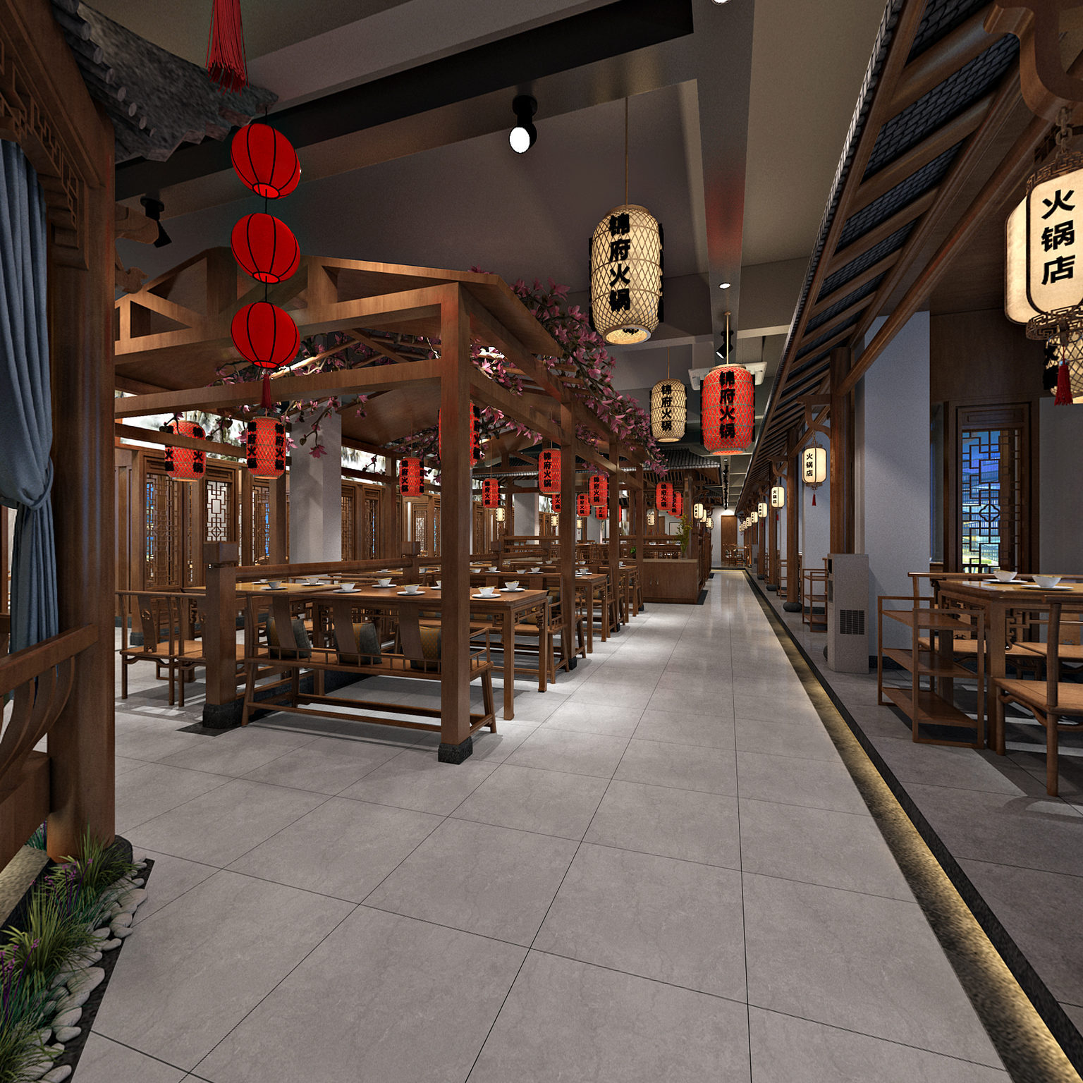 全景中式餐厅 灯笼 凉亭 餐桌椅 绿植 挂旗3d模型