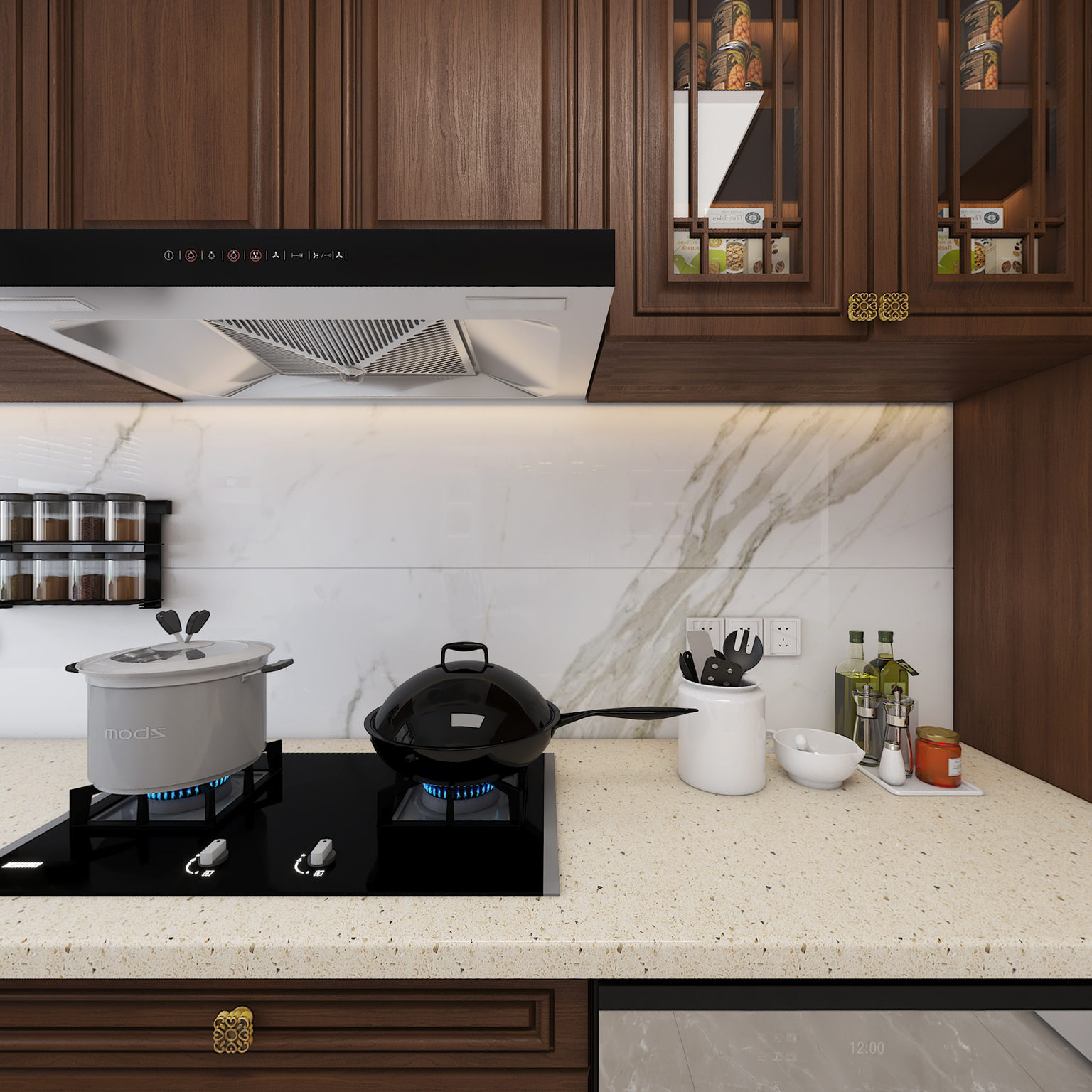 全景美式厨房 橱柜 煤气灶 冰箱 餐桌 餐边柜3d模型