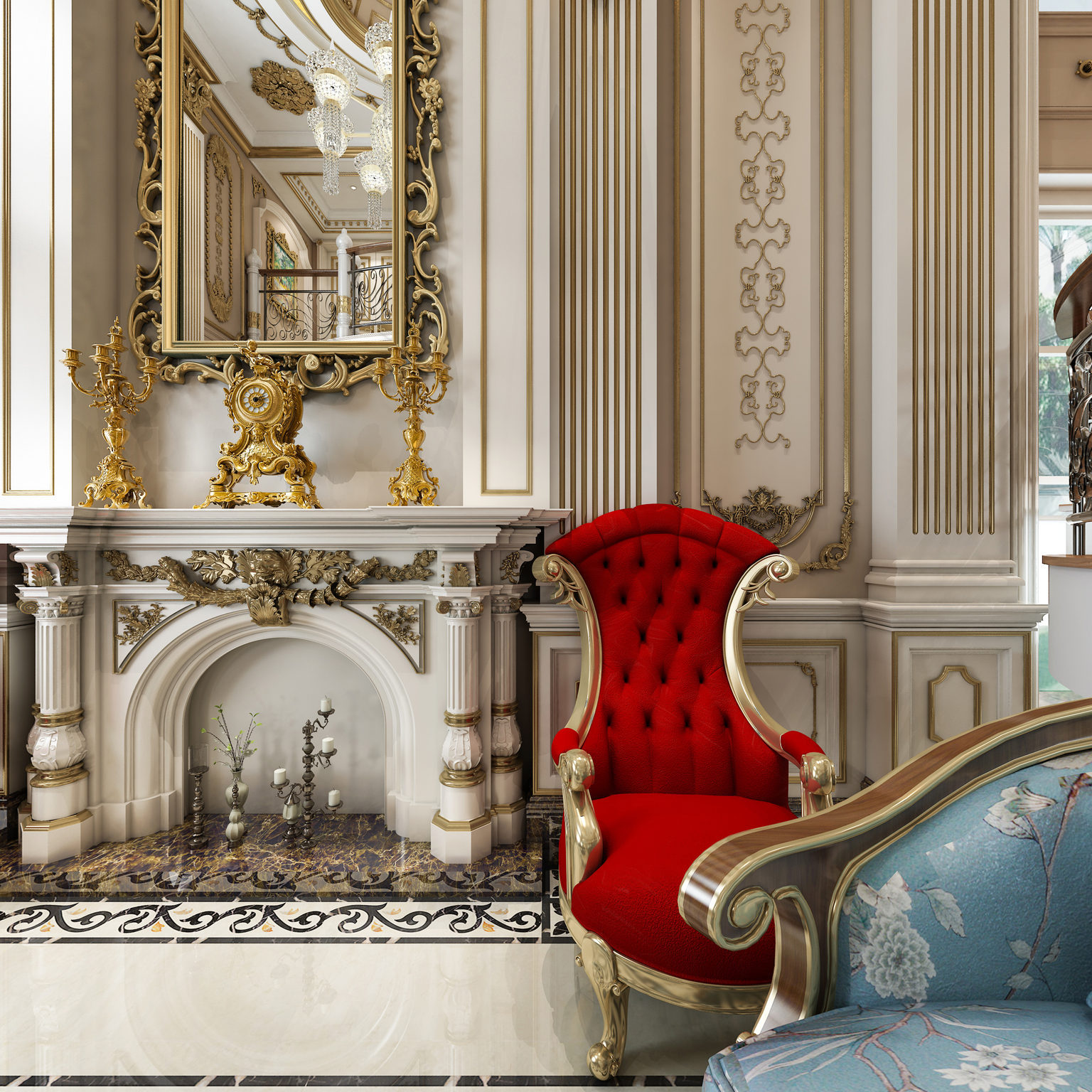 全景法式客餐厅 雕花 楼梯3d模型