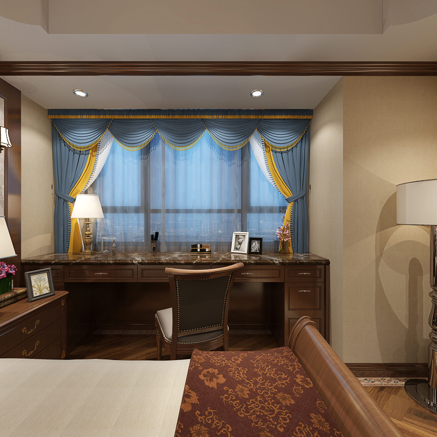 全景美式卧室 床 窗帘 挂画 吊灯 书桌 电视柜 落地灯3d模型