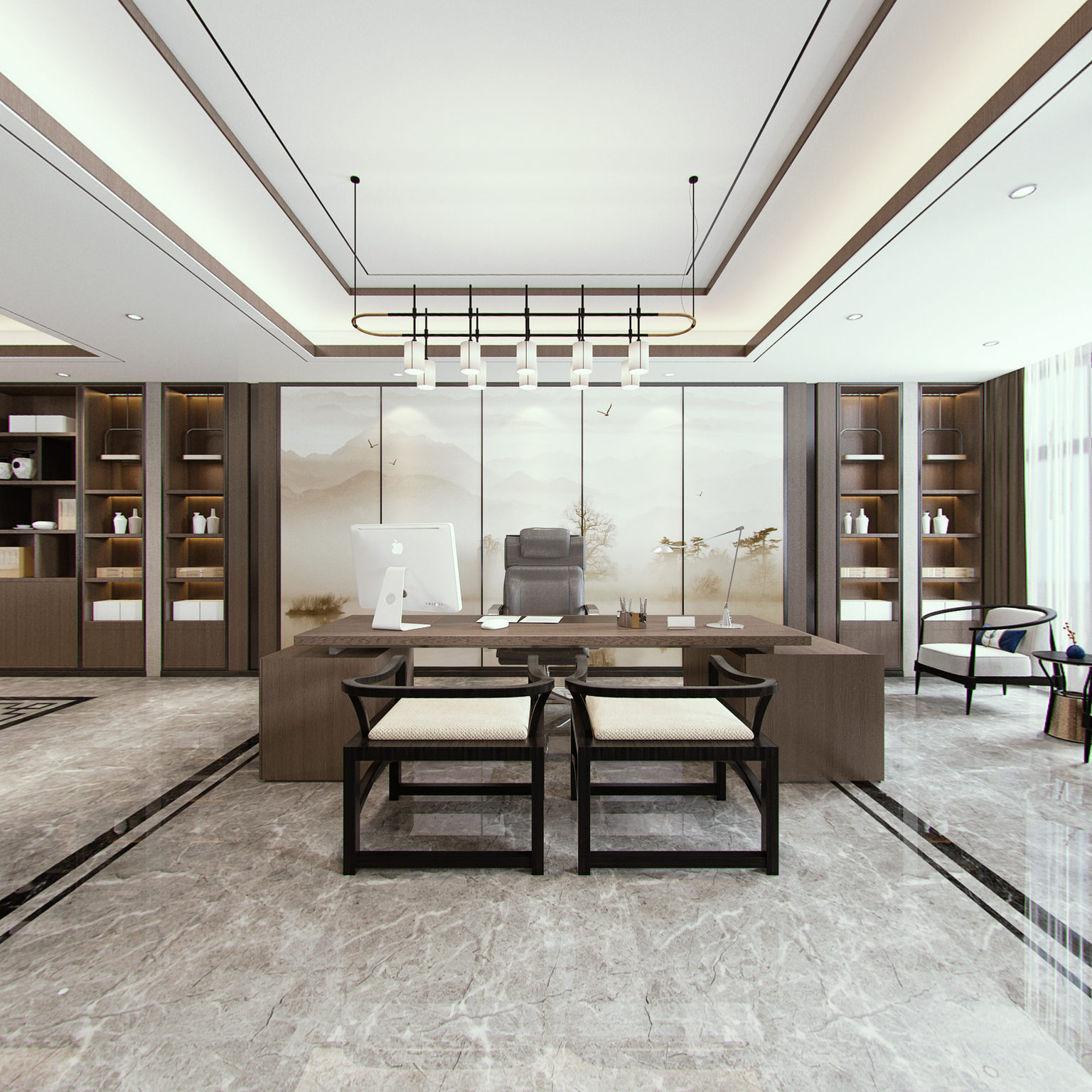 全景新中式董事长办公室 沙发组合 办公桌椅 摆件3d模型