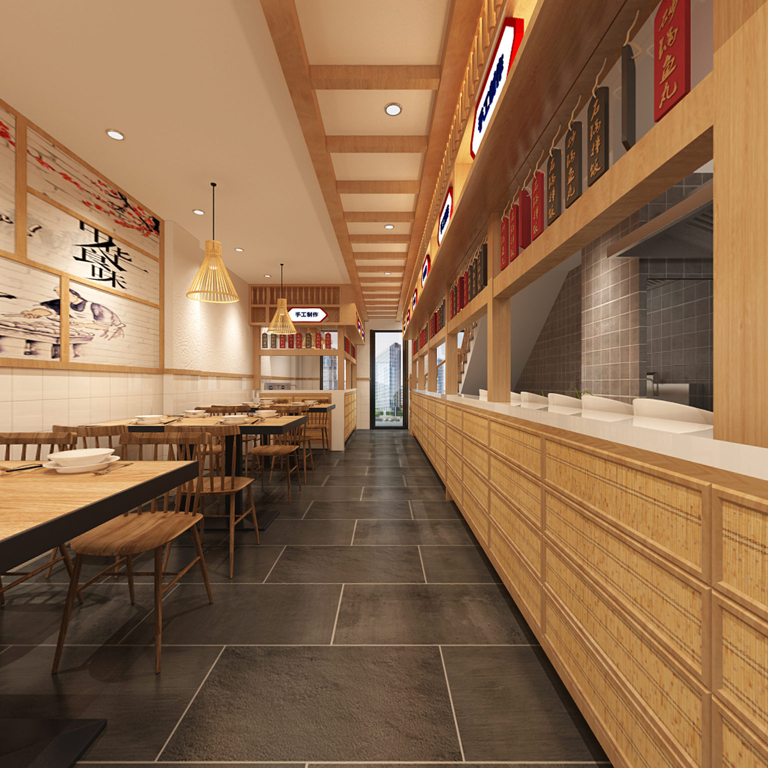 全景新中式餐厅 桌椅 明档  厨房3d模型