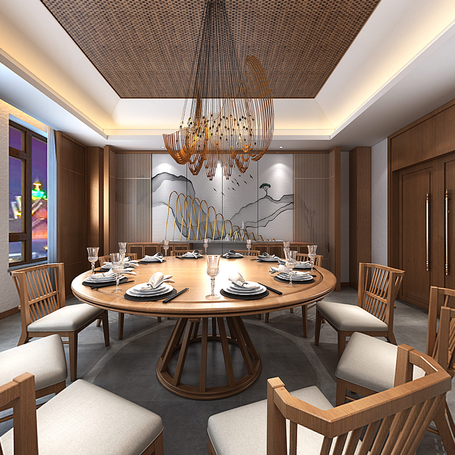 全景东南亚风格民宿餐厅包间 餐桌椅 装饰柜 装饰吊灯3d模型