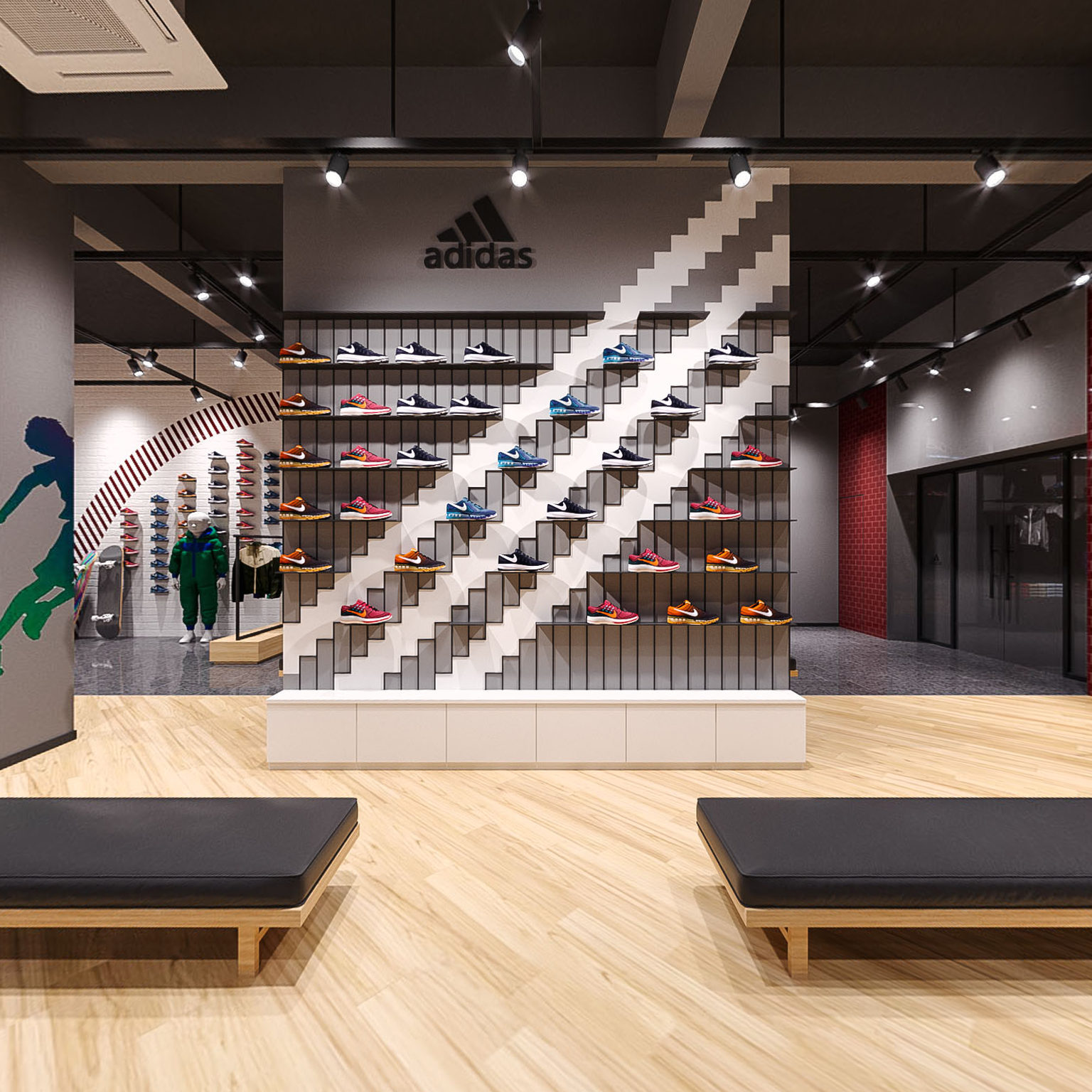 全景工业风格服装店 商店展厅 运动衣 运动鞋 模特3d模型