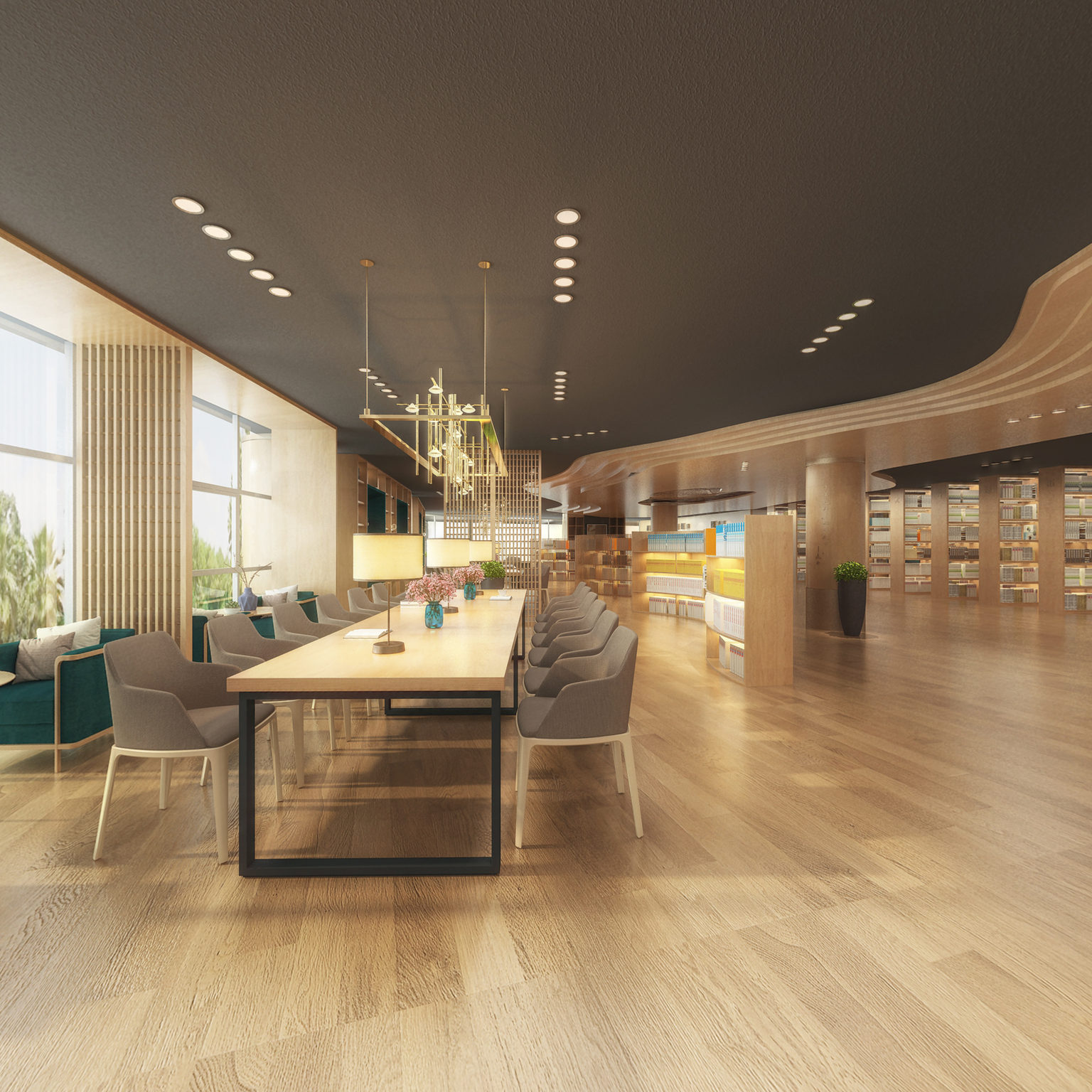 全景现代图书馆 阅读区 阅览室 书吧 图书 书架3d模型