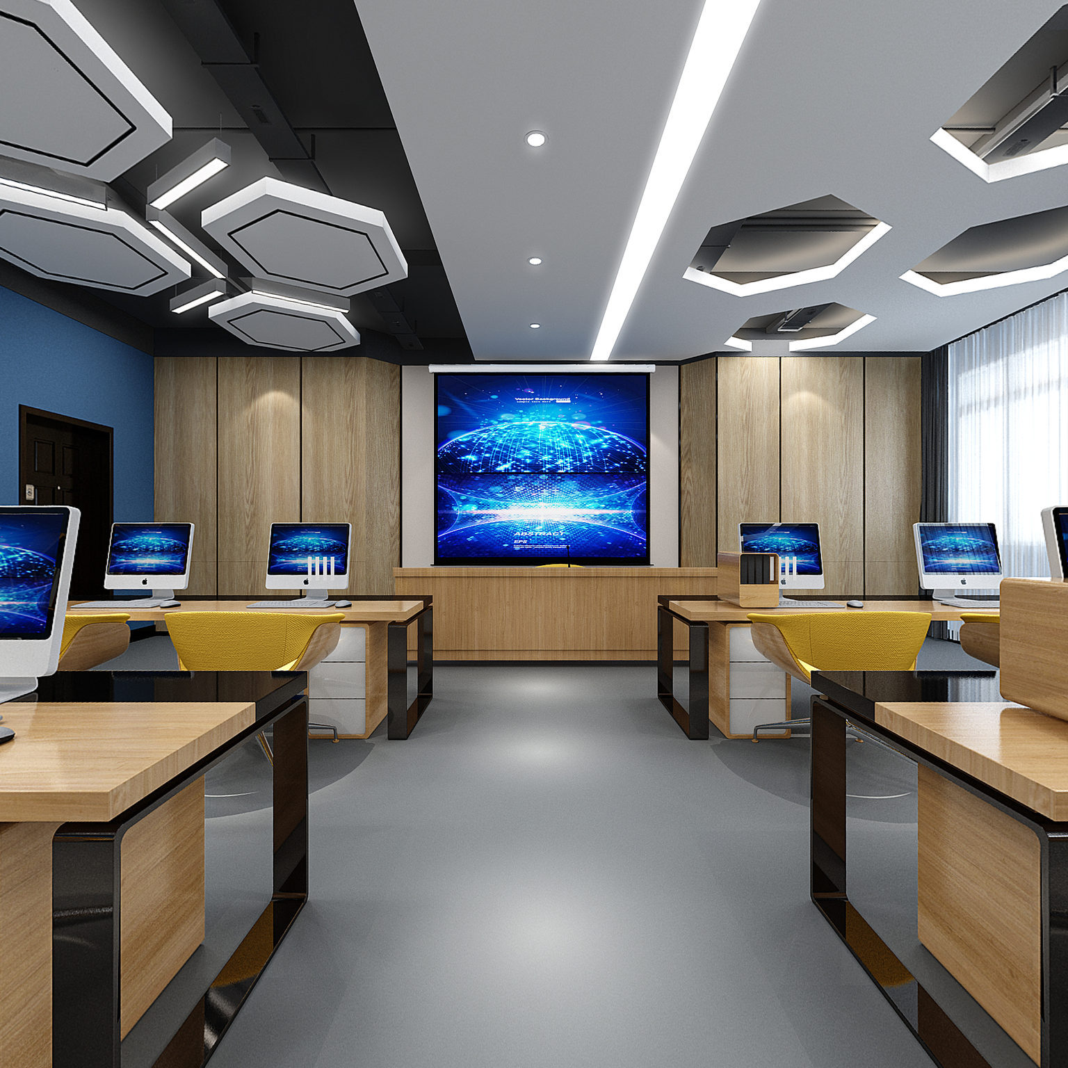 全景现代办公区 教室 办公位 办公桌椅 电脑 文件3d模型