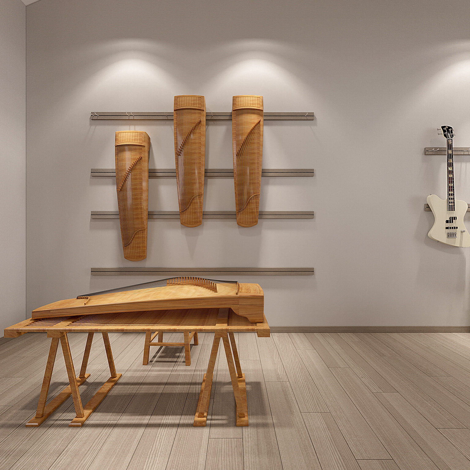 全景新中式卧室 古筝 架子鼓 吉他3d模型