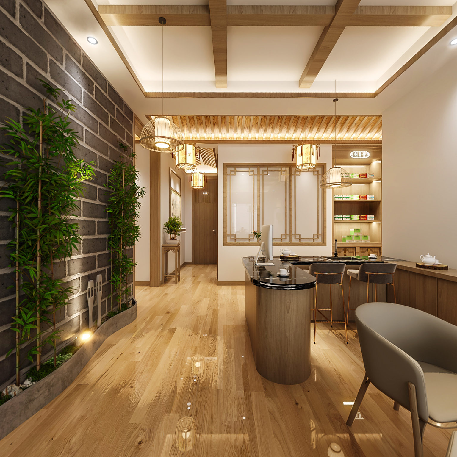 全景新中式休息区 水吧台3d模型