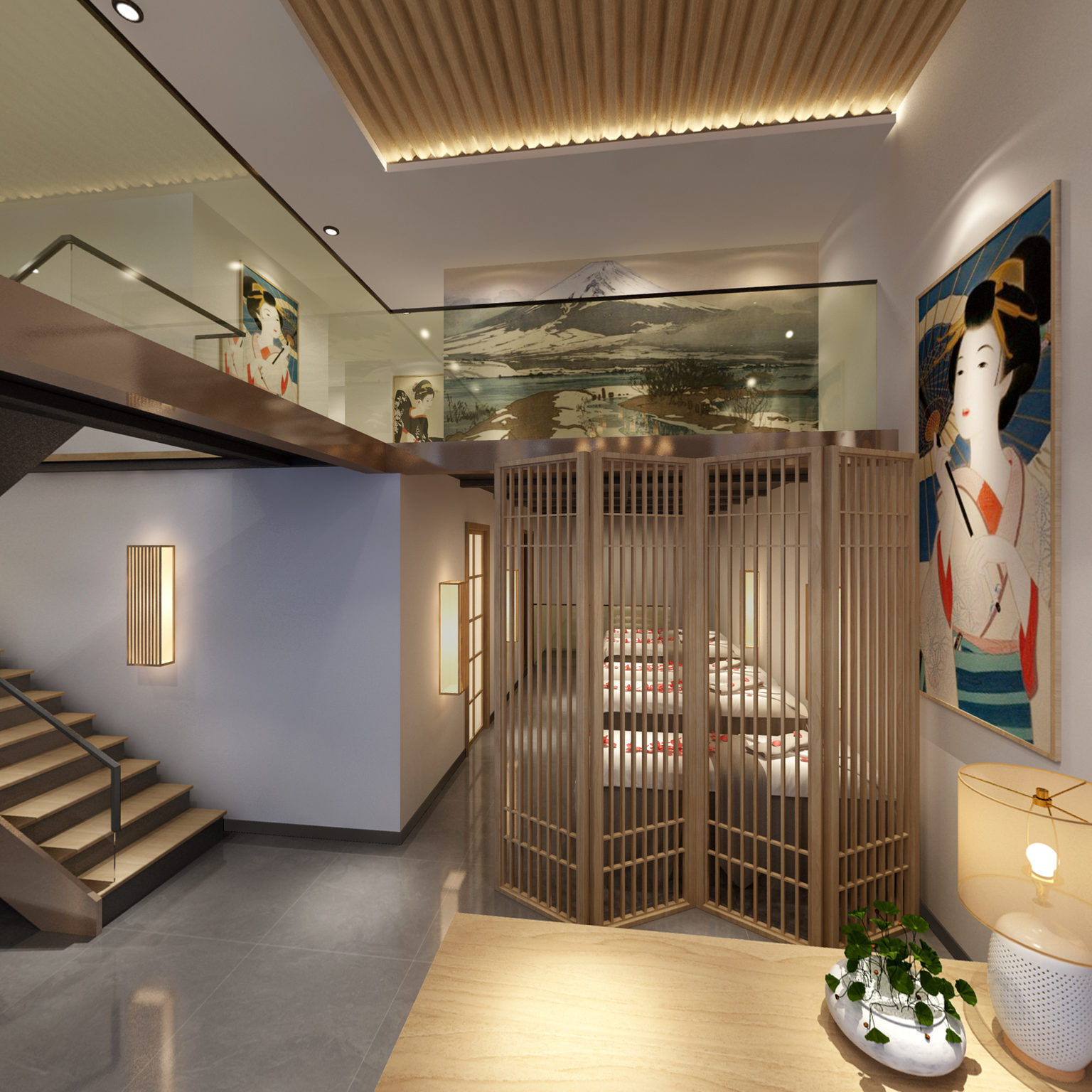 全景日式足浴店吧台 按摩床 沙发组合3d模型