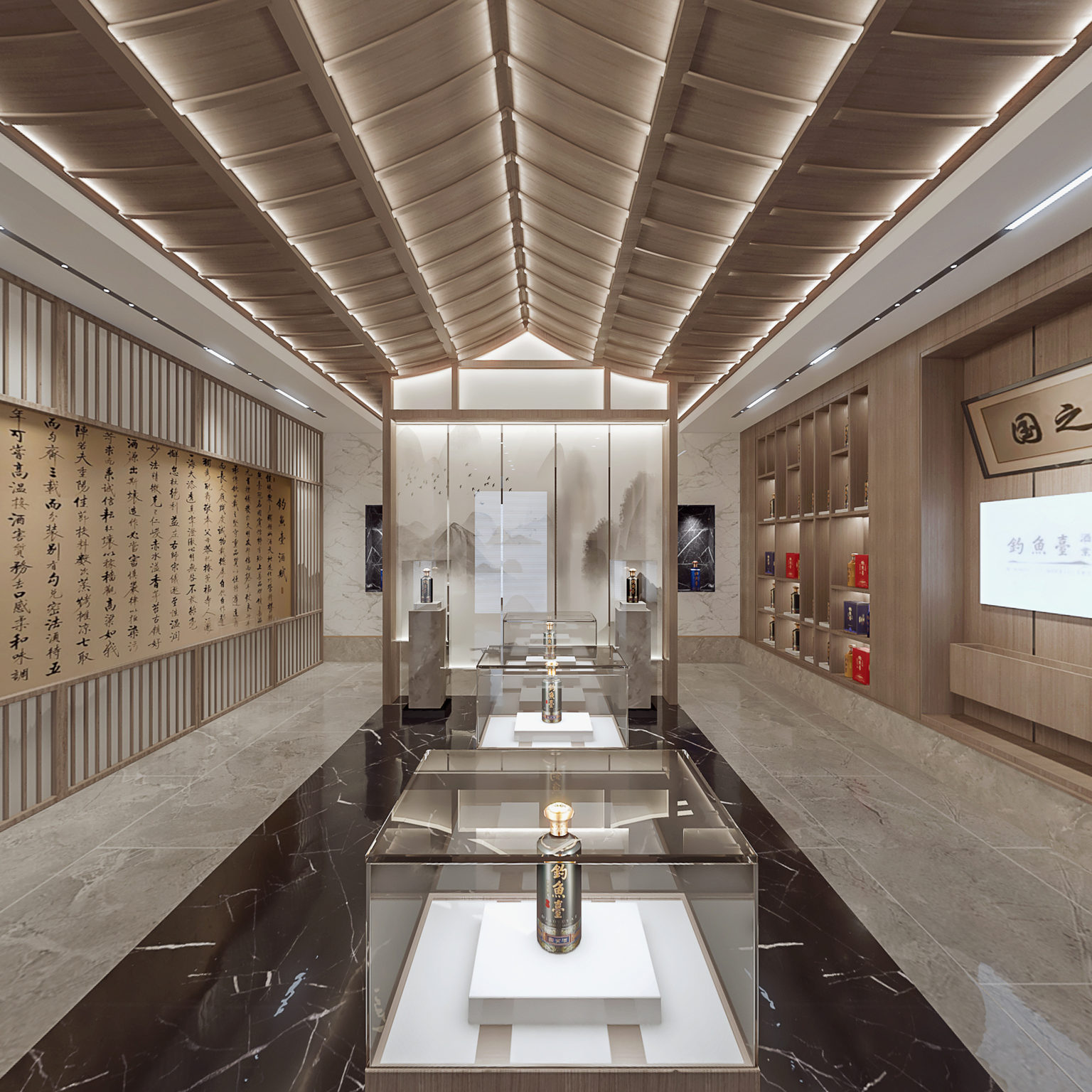 全景新中式酒业展厅 酒馆 酒博物馆 酒展柜 茶台3d模型