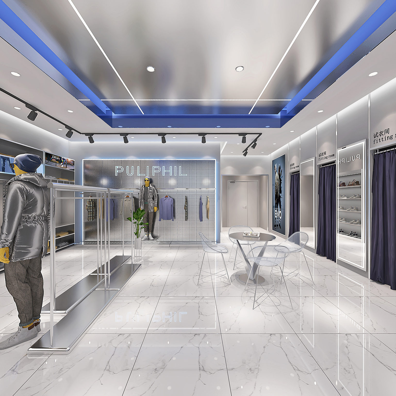 全景现代服装店 男装 展台 亚克力 模特3d模型