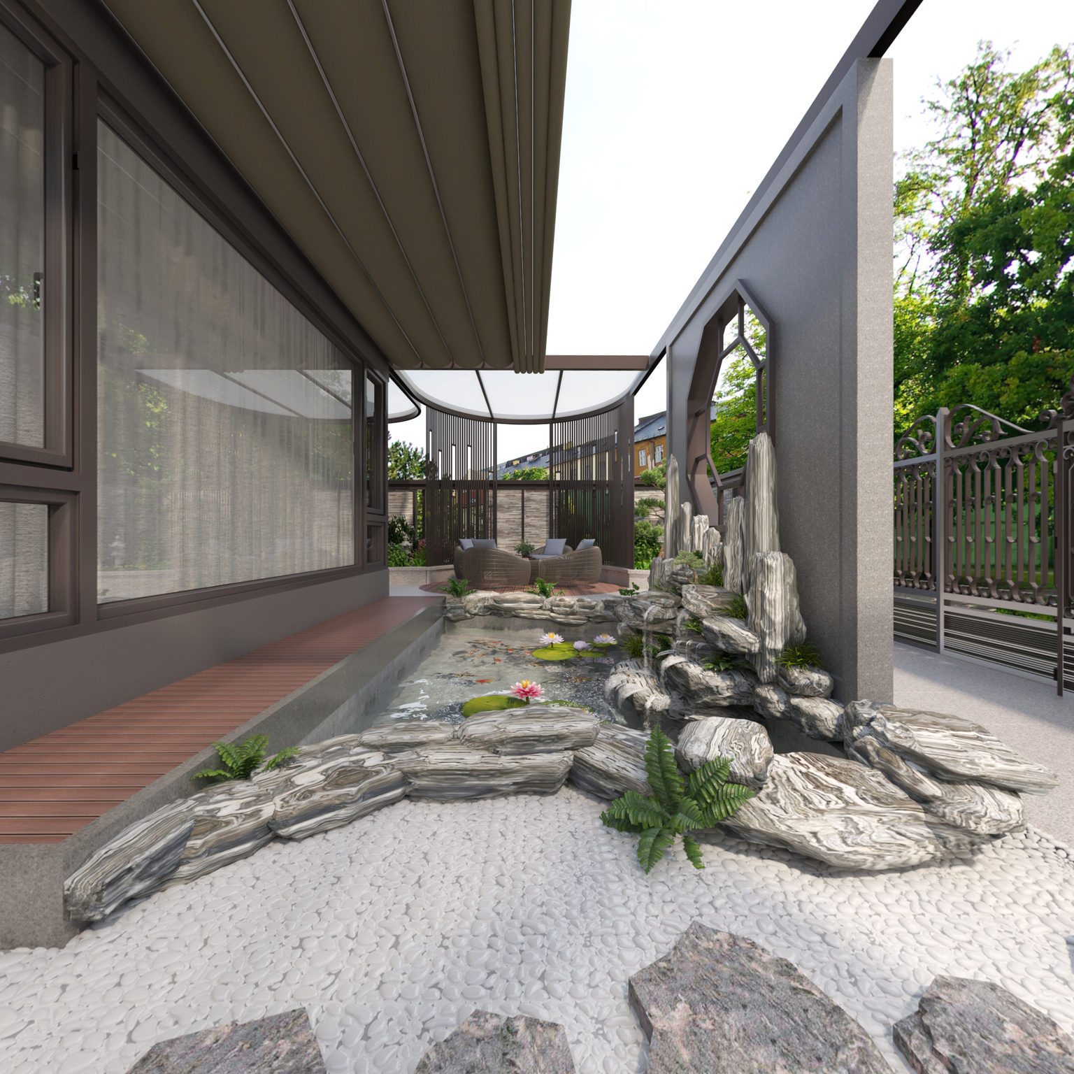 全景新中式庭院 户外沙发 鱼塘 雨棚 影壁墙3d模型