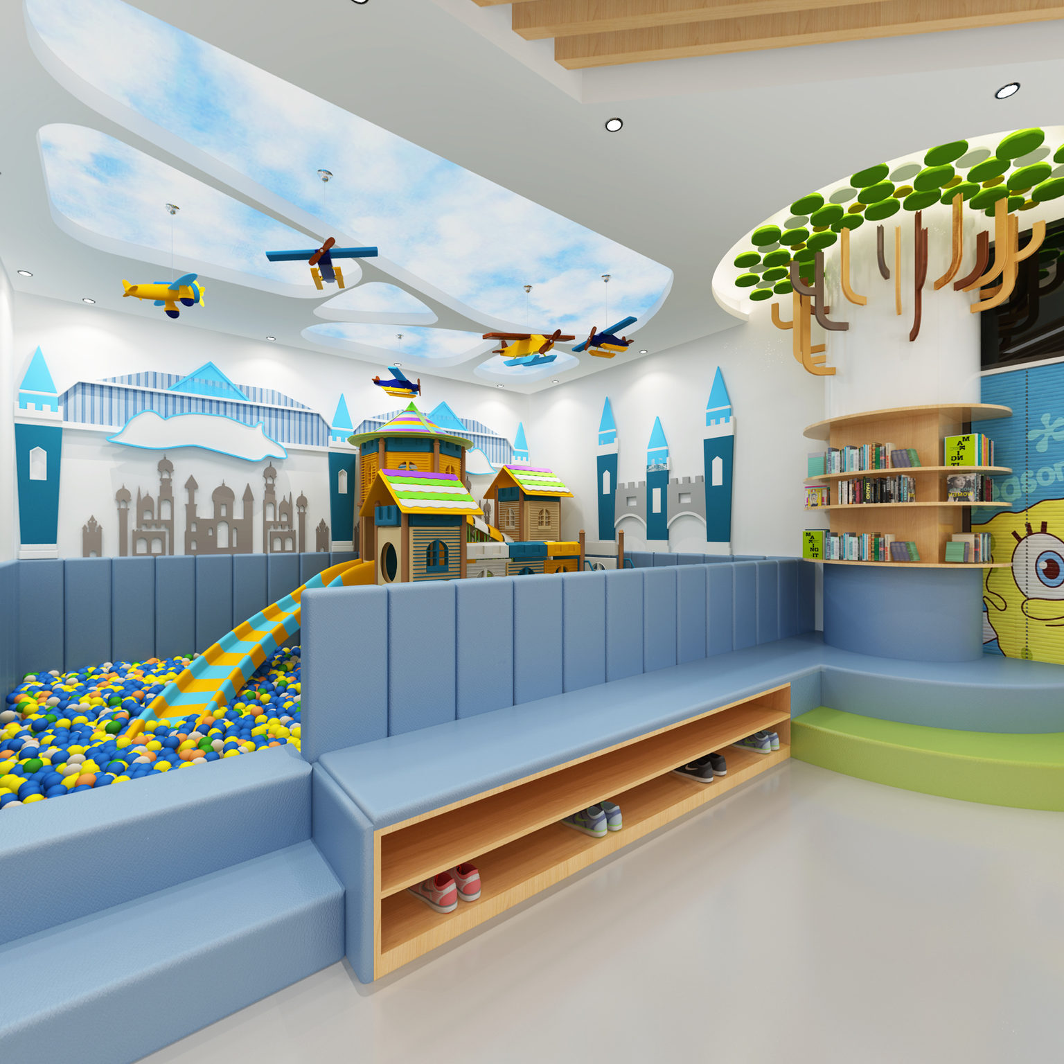 全景北欧儿童活动室 游乐场所 幼儿玩耍 滑滑梯 海洋球 积木 城堡墙3d