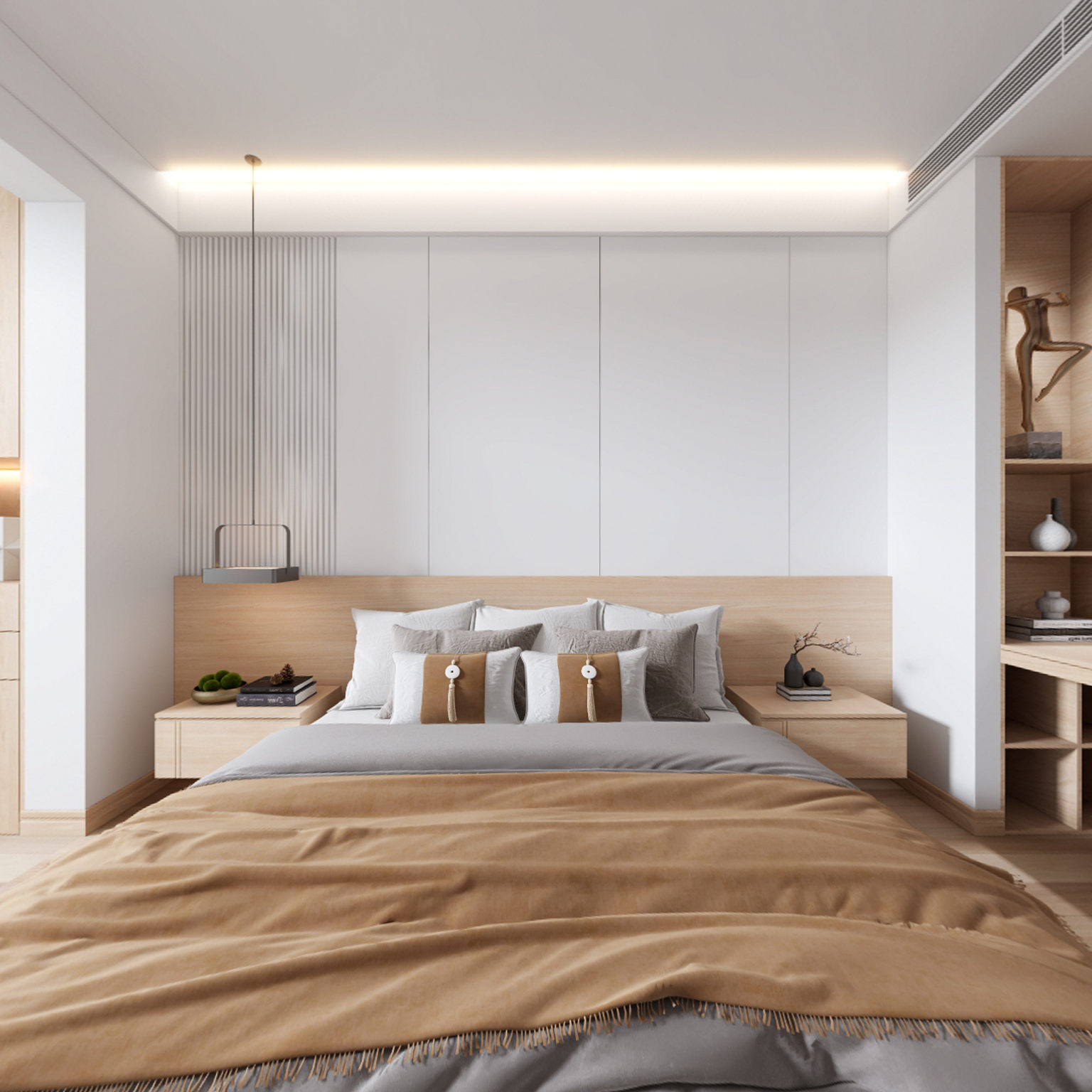 全景日式卧室 双人床 床尾凳 衣柜 床头柜 梳妆台3d模型