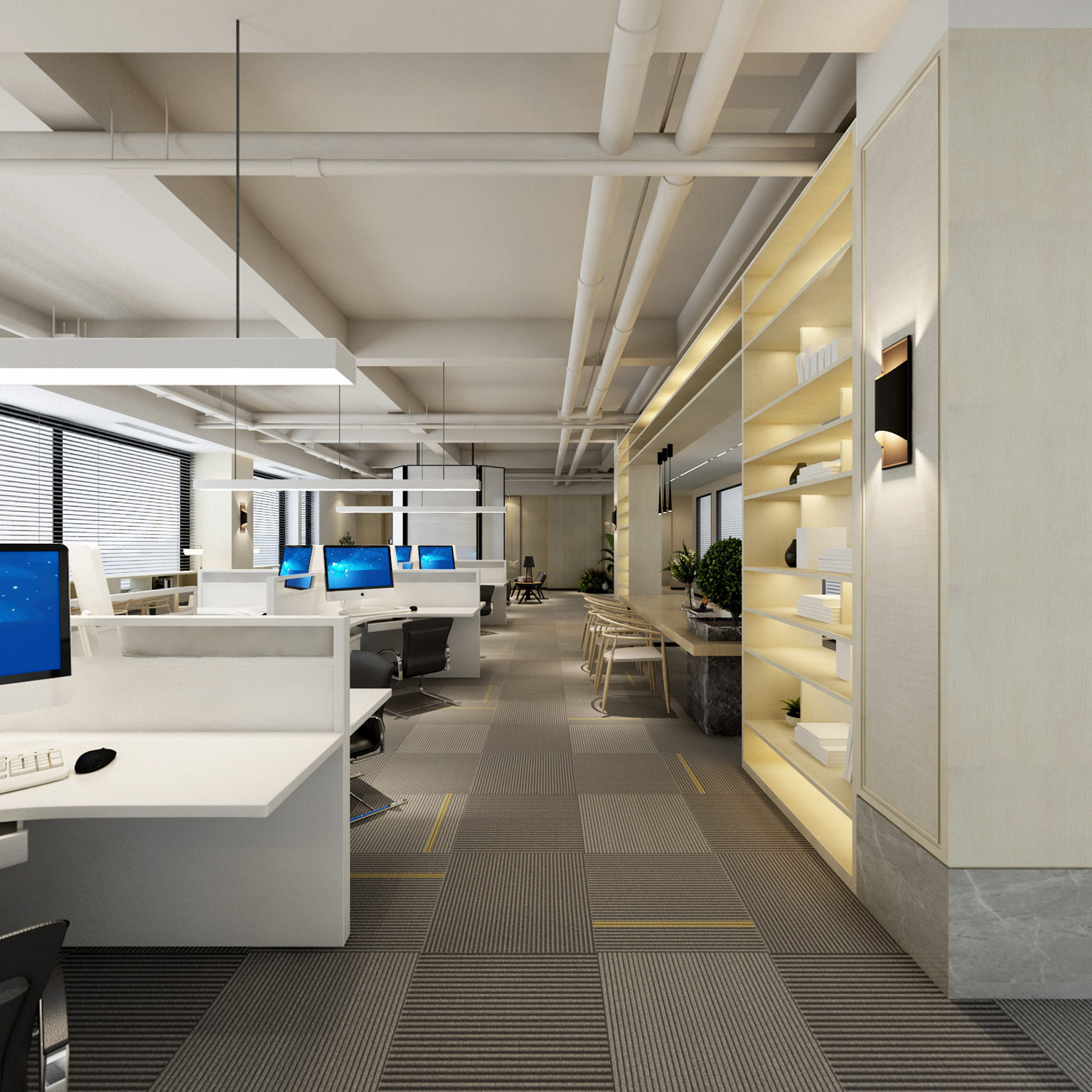 全景现代公共办公室 地毯 办公桌 电脑 办公椅 屏风 吊灯 植物 沙发3d