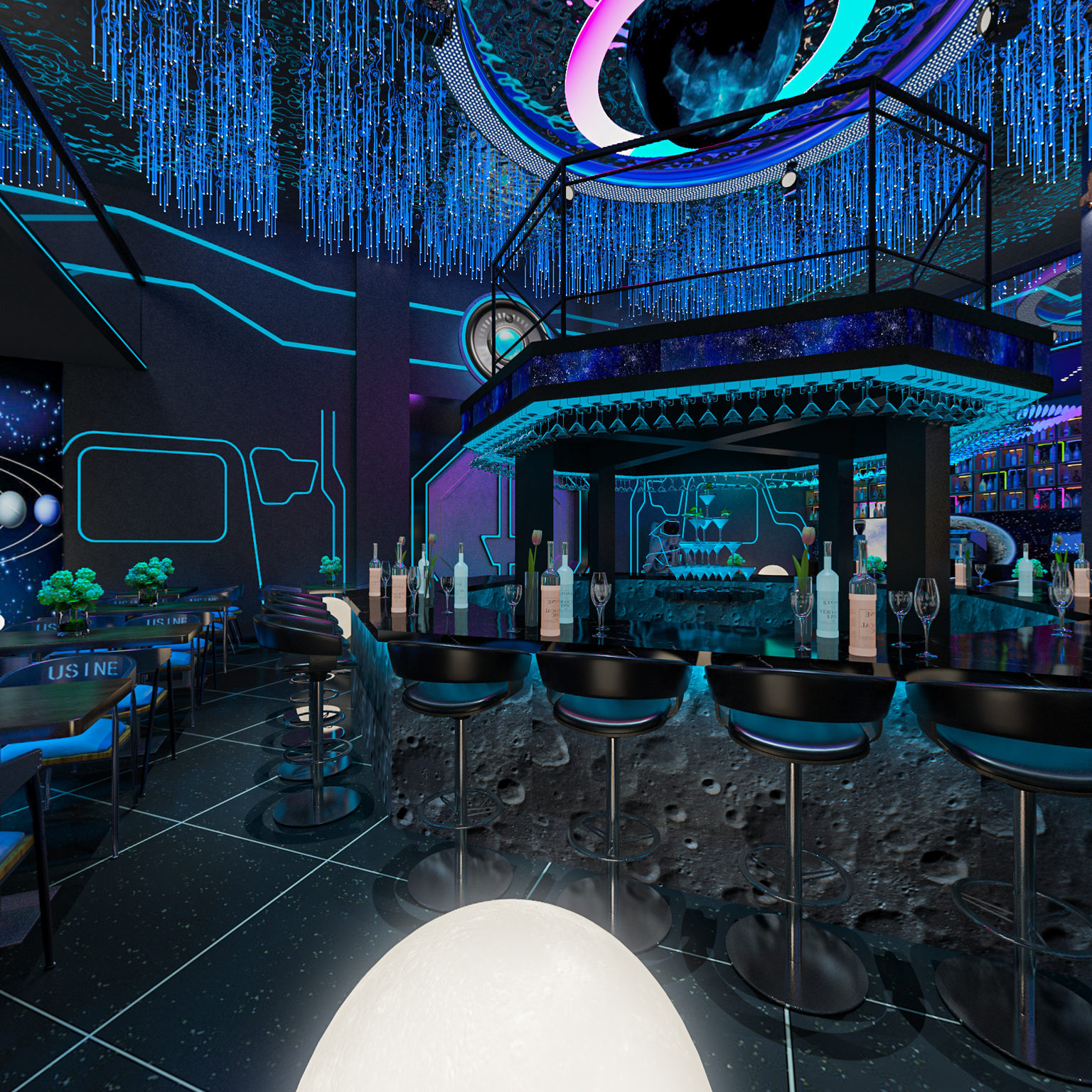 全景现代太空系列主题酒吧 宇航员 星空顶 星球灯 陨石吧台3d模型