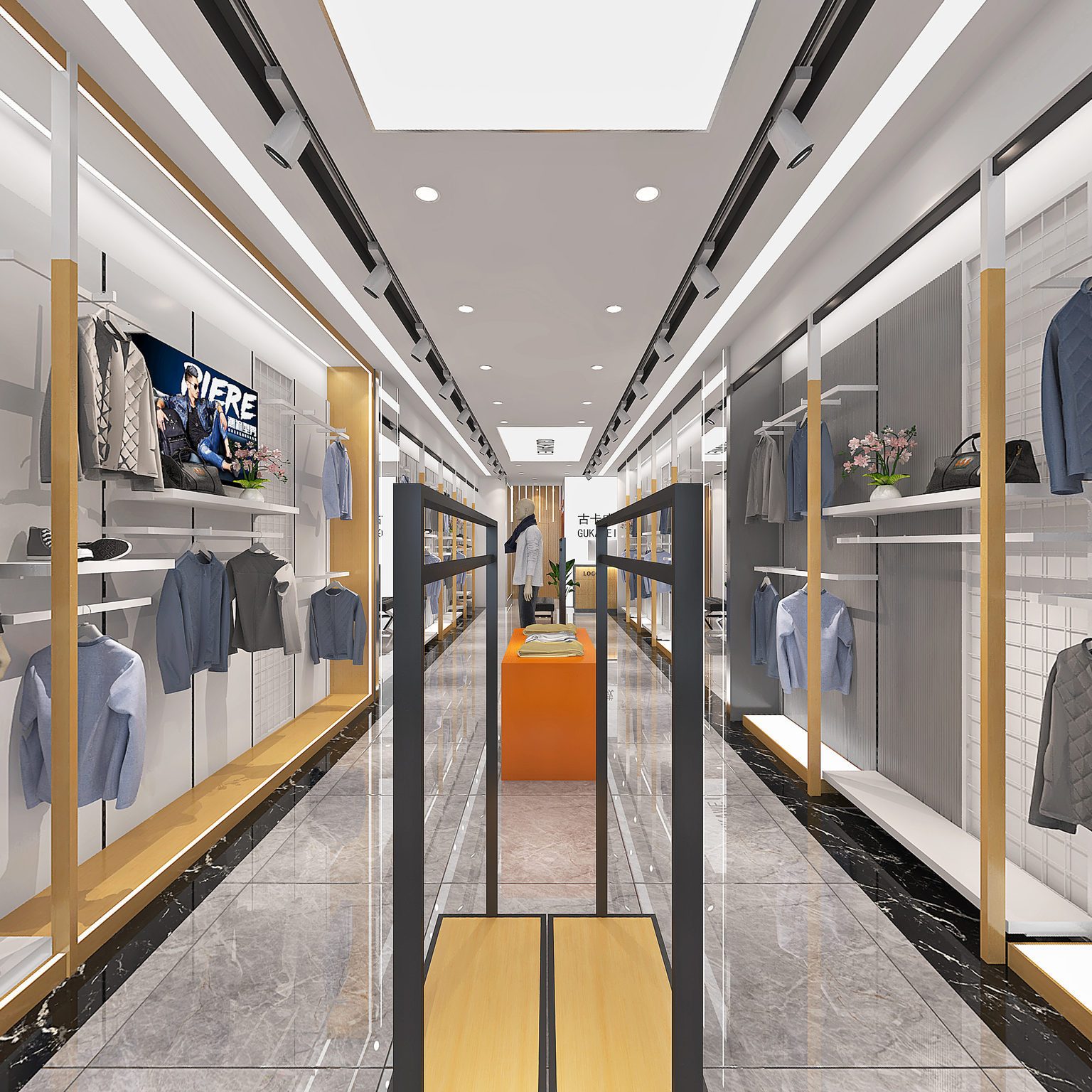 全景现代服装店 男装 商务男装 模特 摆台 收银台 沙发3d模型