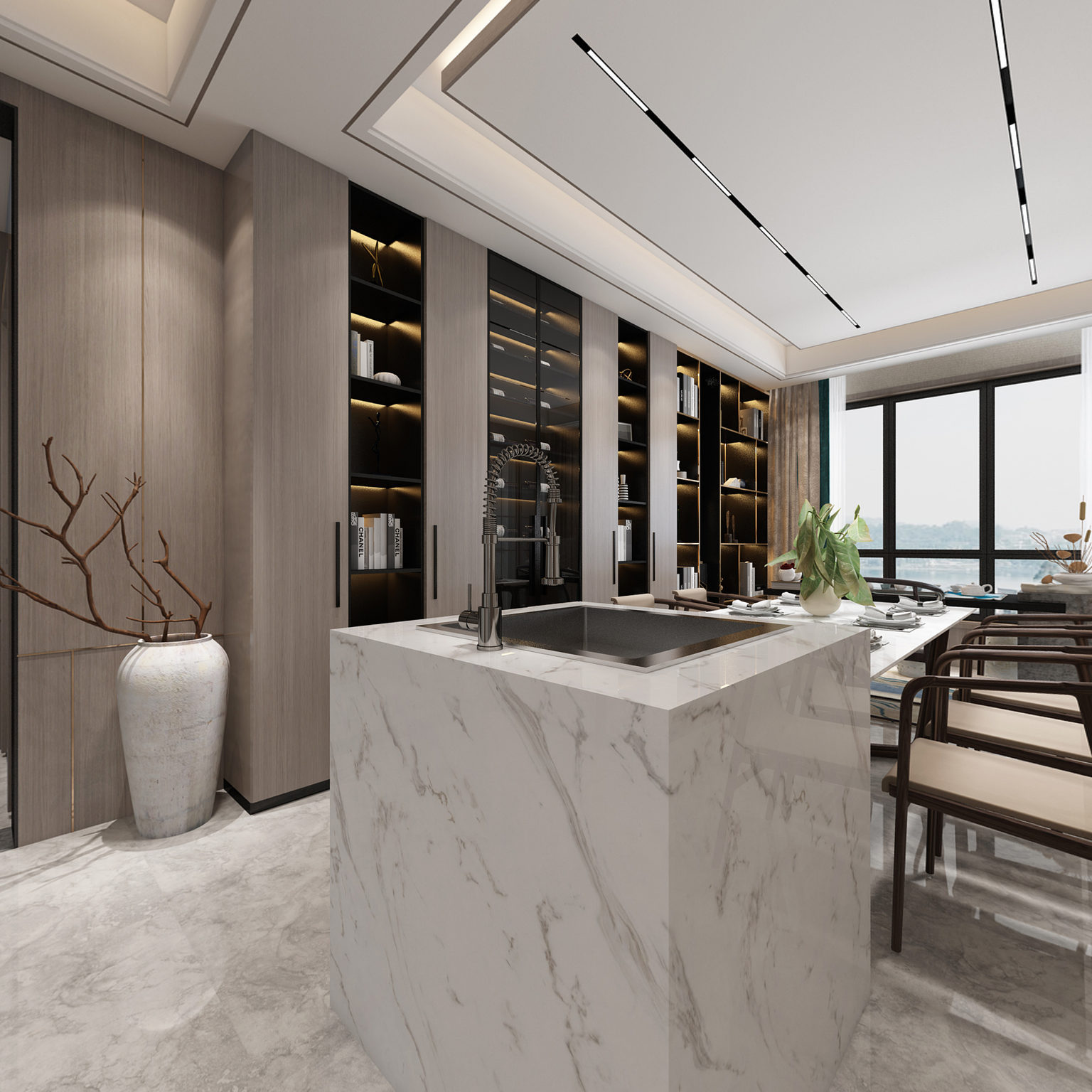 全景新中式餐厅 餐桌椅 岛台 酒柜 装饰画 装饰品 花瓶3d模型