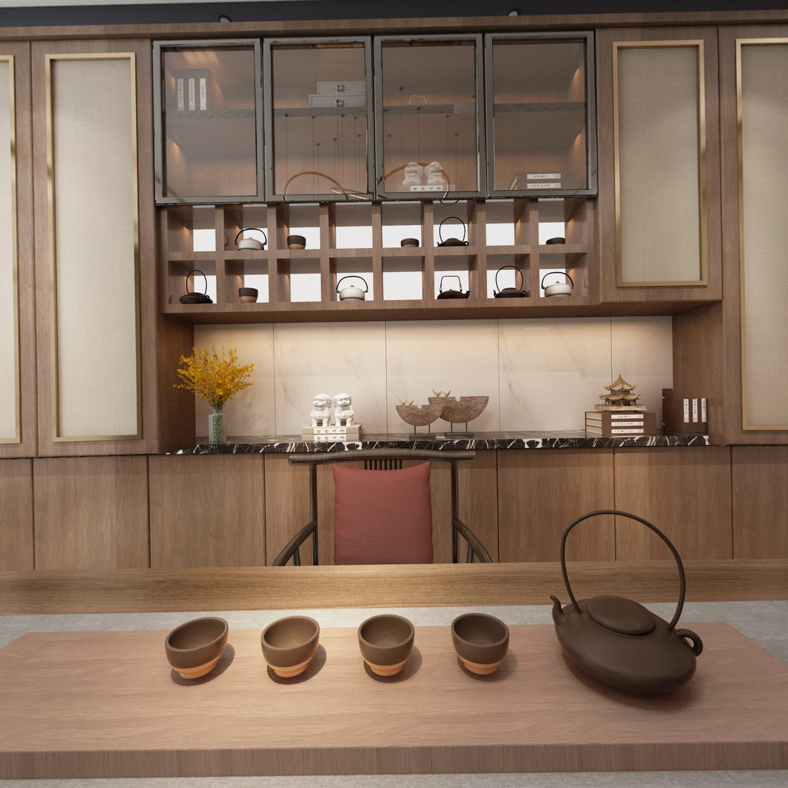 全景新中式茶室 装饰柜 茶桌 书桌 椅子 摆件 茶具 边几植物3d模型