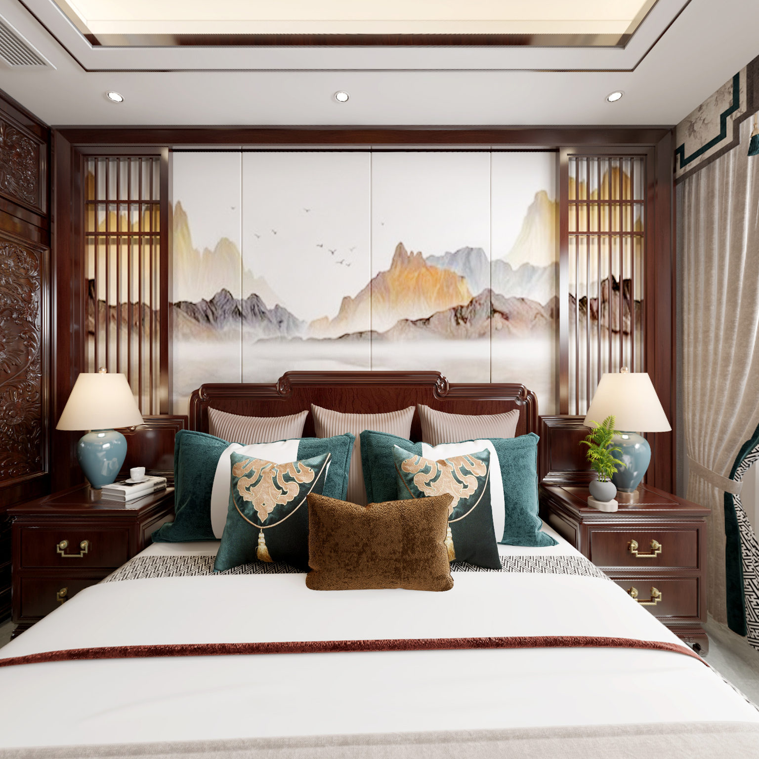 全景中式卧室3d模型