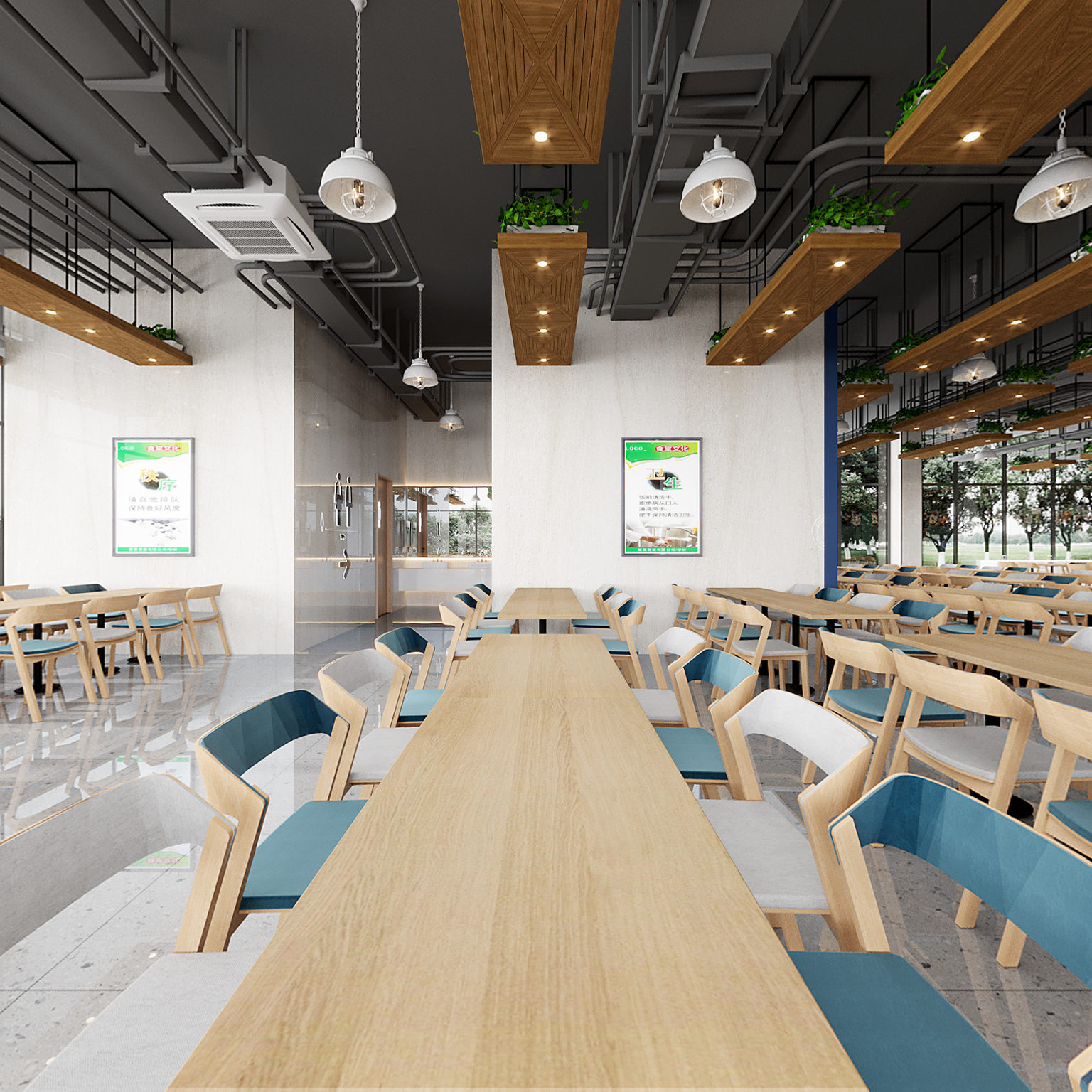 全景现代大学食堂 桌椅组合3d模型